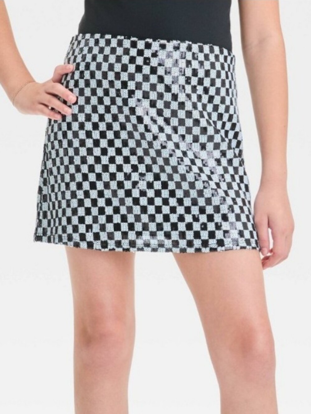 Girls' Sequin Checkerboard Mini Slip Skirt - art class Black M